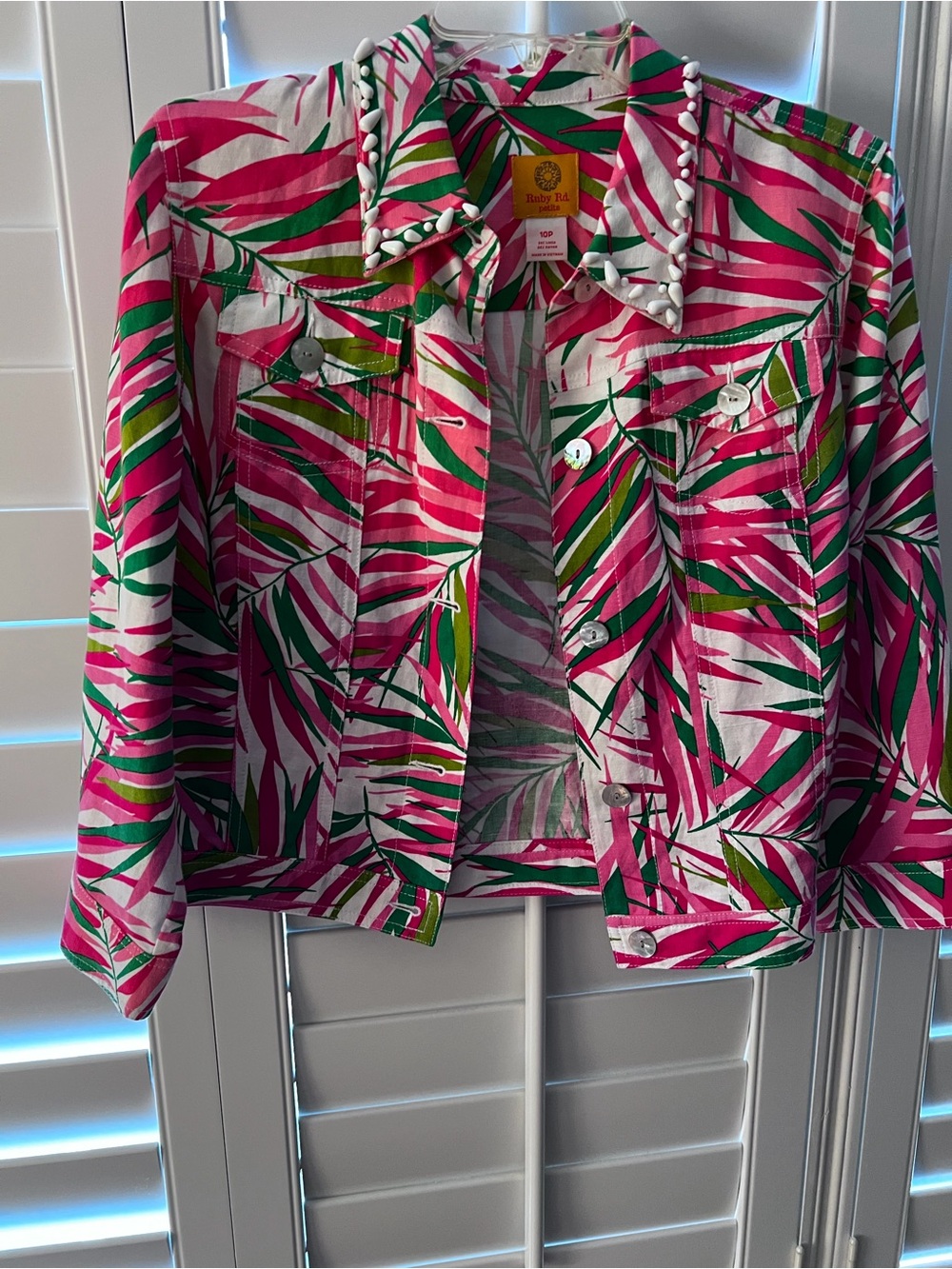 Ruby Rd. Pink Tropical Print Jean Jacket with Green & White Leaves